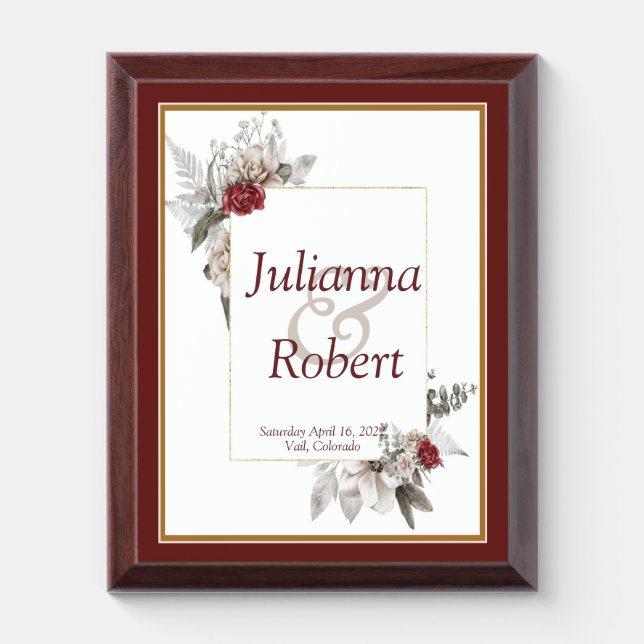 Red and mist floral wedding memory Plaque (Vertical)