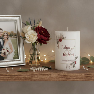 Red and mist watercolor floral   wedding  pillar  candle