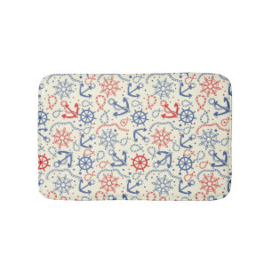 Red and navy background with anchor bathroom mat
