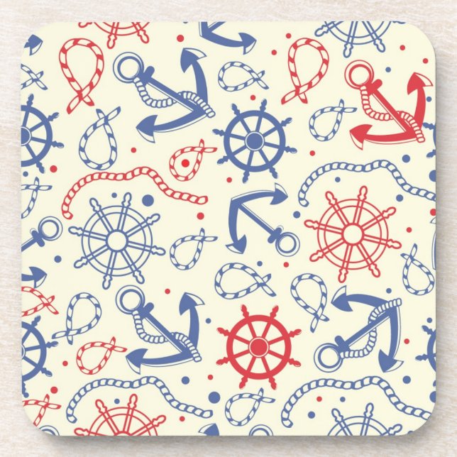 Red and navy background with anchor beverage coaster (Front)