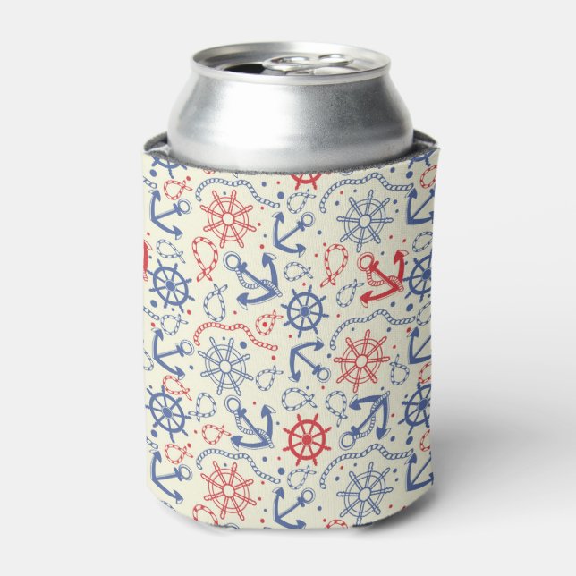 Red and navy background with anchor can cooler (Can Front)