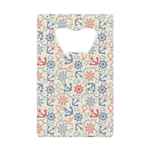 Red and navy background with anchor credit card bottle opener
