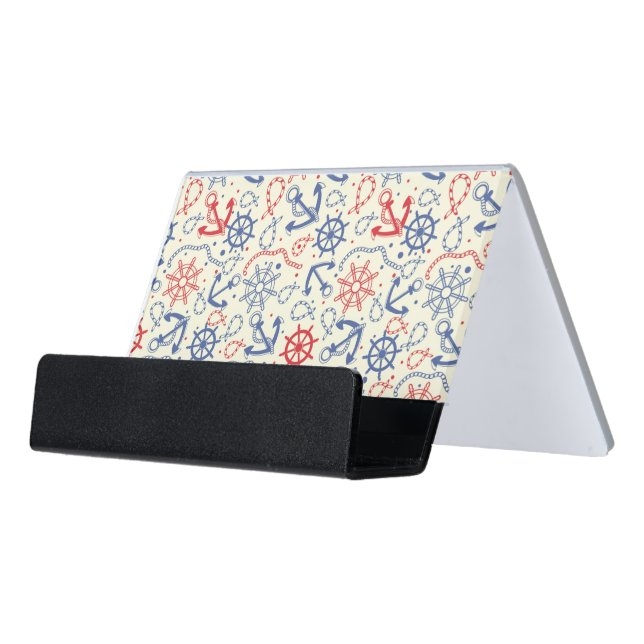 Red and navy background with anchor desk business card holder (Angled Front)