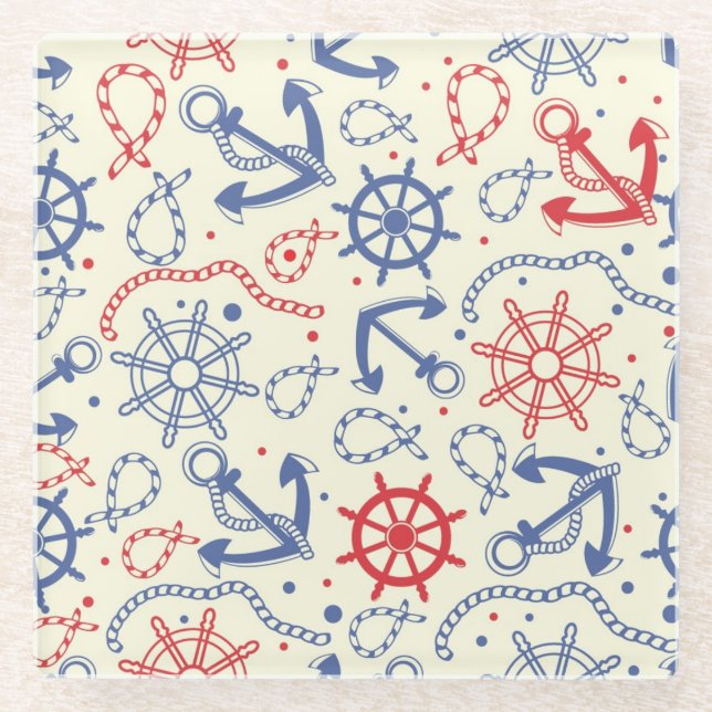 Red and navy background with anchor glass coaster (Front)