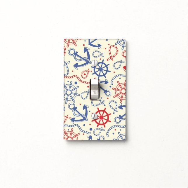 Red and navy background with anchor light switch cover (In Situ)
