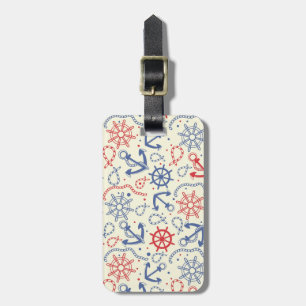 Red and navy background with anchor luggage tag