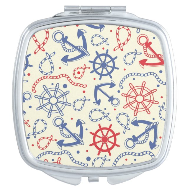 Red and navy background with anchor makeup mirror (Front)