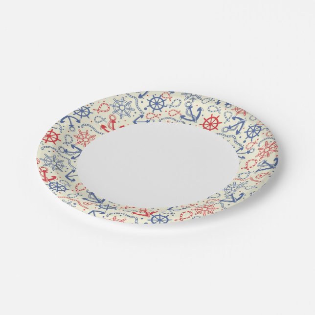 Red and navy background with anchor paper plates (Angled)