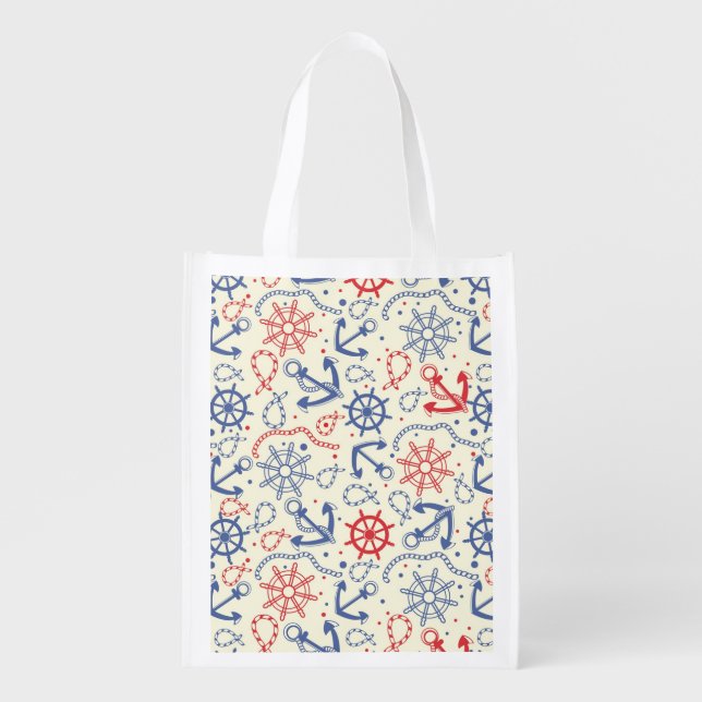 Red and navy background with anchor reusable grocery bag (Front)