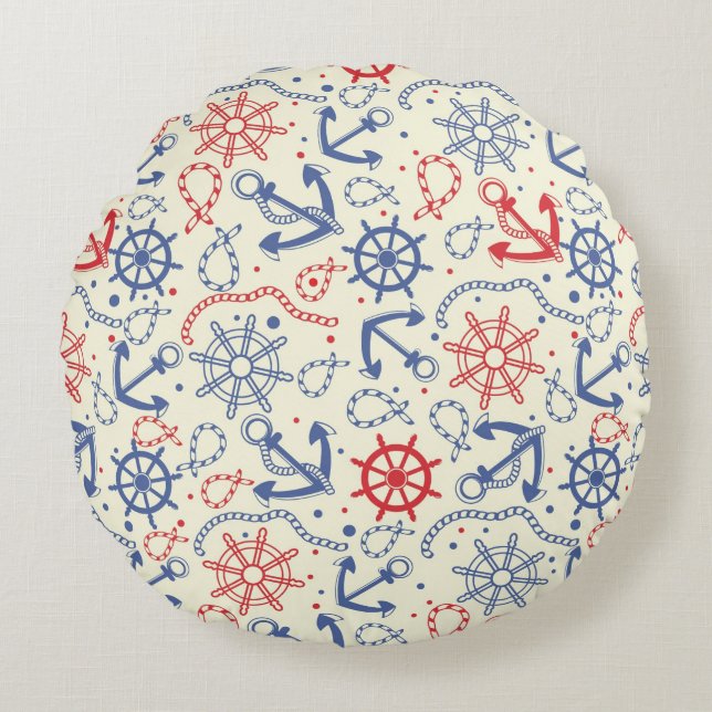Red and navy background with anchor round pillow (Front)