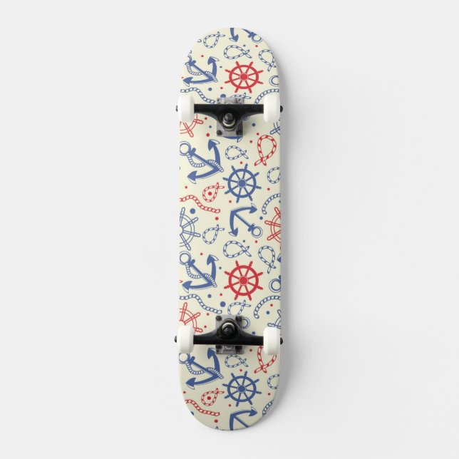Red and navy background with anchor skateboard deck (Front)