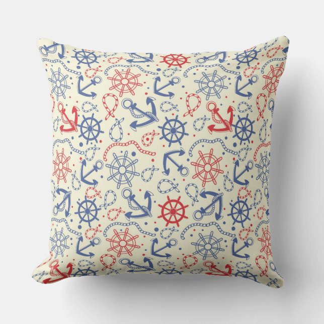 Red and navy background with anchor throw pillow (Front)