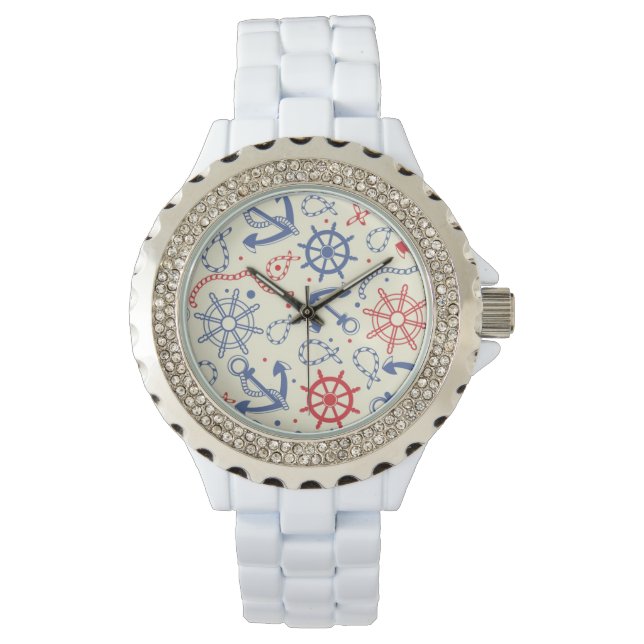 Red and navy background with anchor watch (Front)