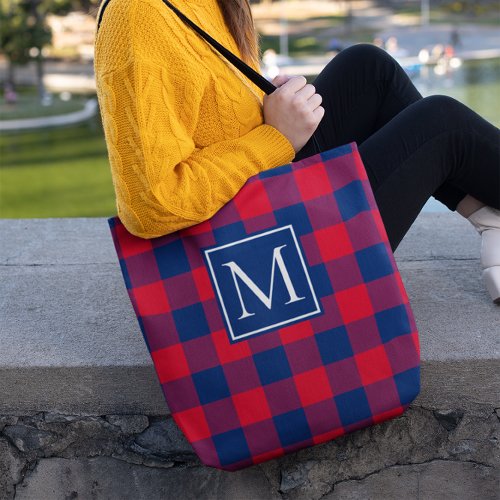 Red and Navy Blue Buffalo Plaid Monogrammed Tote Bag