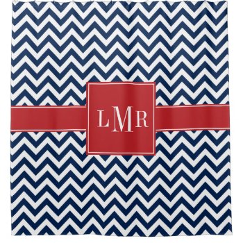 Red And Navy Blue Chevrons Monogram Shower Curtain by heartlockedhome at Zazzle
