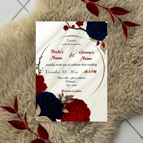 red and navy blue floral geometric wedding invitation