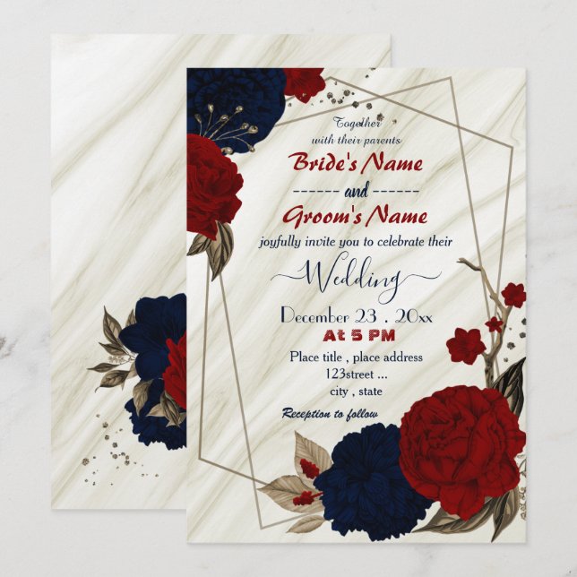 red and navy blue floral geometric wedding invitation (Front/Back)