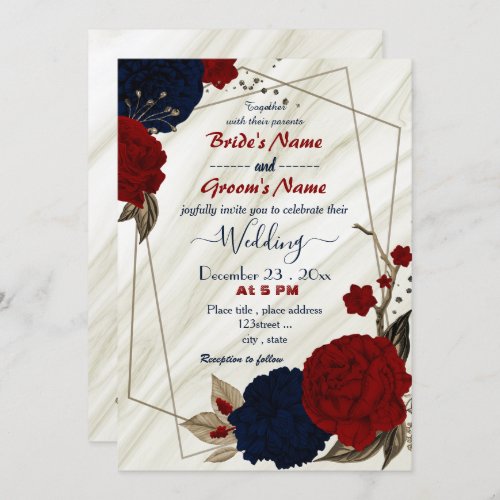 red and navy blue floral geometric wedding invitation