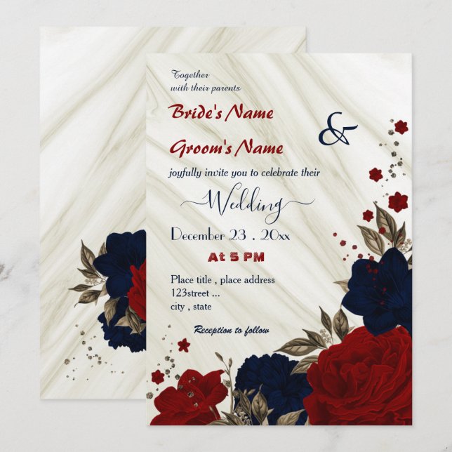 red and navy blue floral wedding invitation (Front/Back)