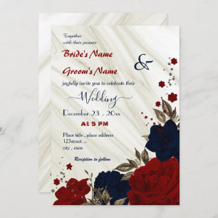 red and navy blue floral wedding invitation