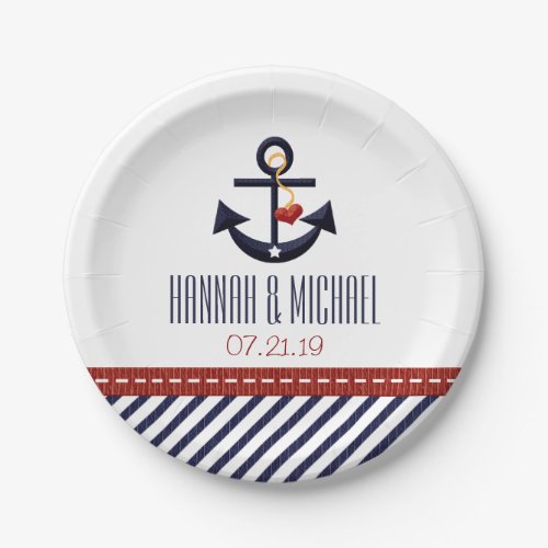 Red and Navy Blue Nautical Anchor Wedding Paper Plates