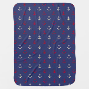 Red And Navy Blue Nautical Anchors Pattern Baby Blanket