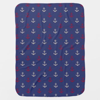 Red And Navy Blue Nautical Anchors Pattern Baby Blanket by VintageDesignsShop at Zazzle