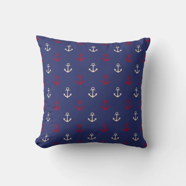 Red And Navy Blue Nautical Anchors Pattern Throw Pillow (Front)