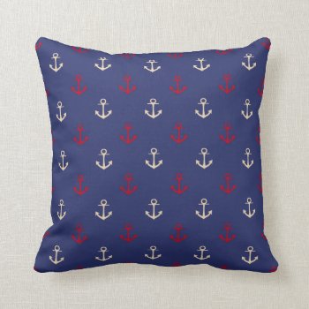 Red And Navy Blue Nautical Anchors Pattern Throw Pillow by VintageDesignsShop at Zazzle