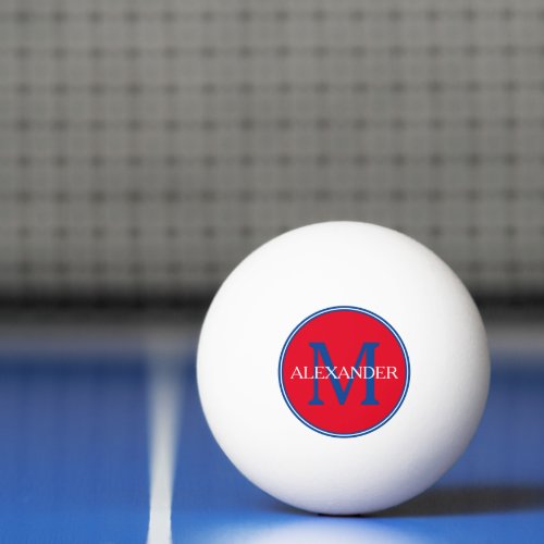 Red and Navy Blue on White Monogram Ping Pong Ball