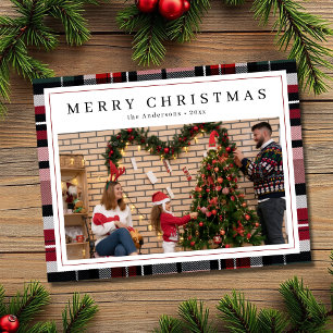 Red and Navy Blue Tartan Plaid Photo Christmas Holiday Card