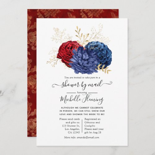 Red and Navy Blue Watercolor Floral Shower by Mail Invitation