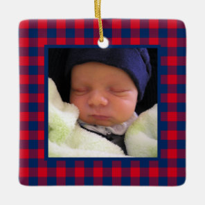 Red and Navy Buffalo Plaid Baby's First Christmas Ceramic Ornament