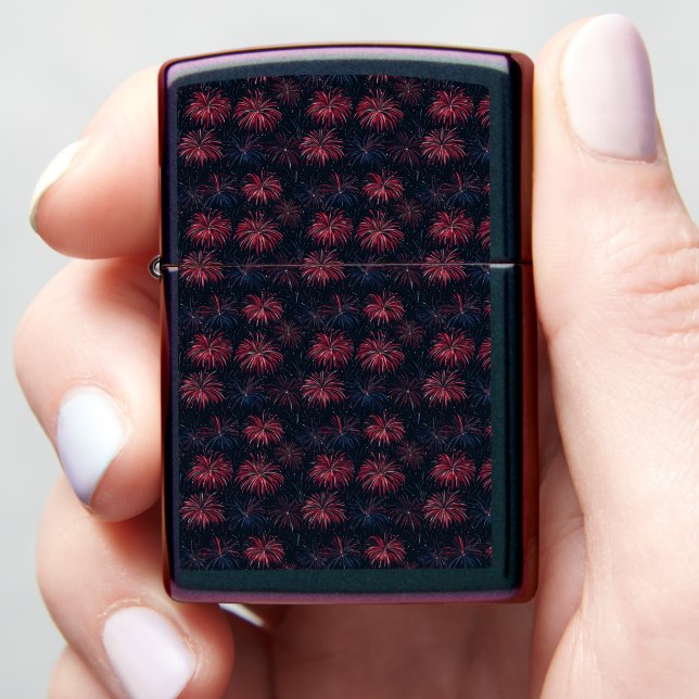 Red and Navy Fireworks on Irridescent Zippo  Zippo Lighter (In Hand)