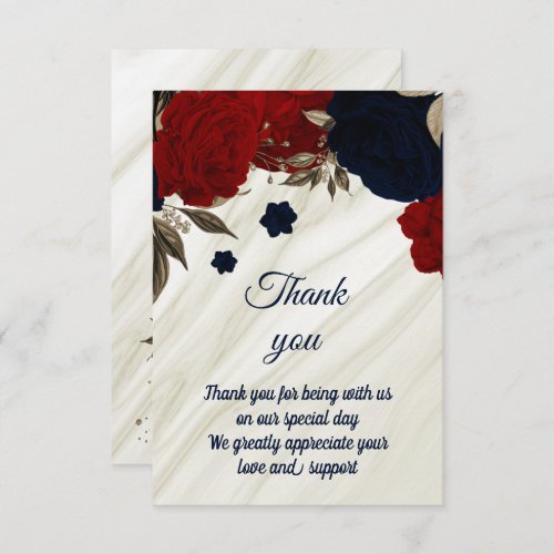 red and navy floral marble thank you card