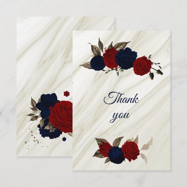 red and navy floral marble thank you card (Front/Back)