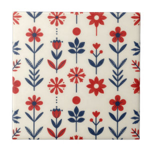 Red and Navy Folk Floral Pattern Ceramic Tile