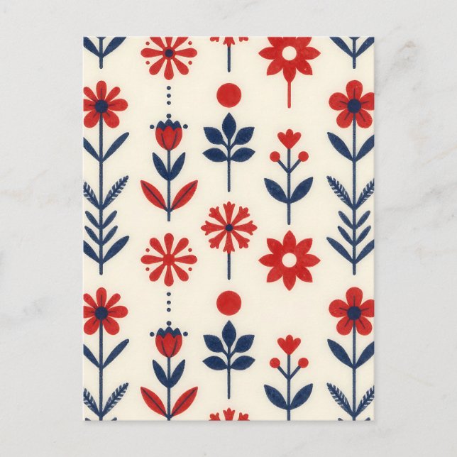 Red and Navy Folk Floral Pattern Postcard (Front)