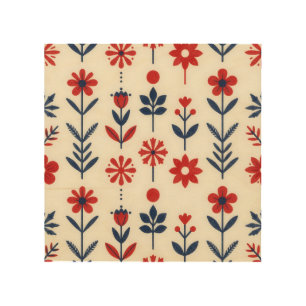 Red and Navy Folk Floral Pattern Wood Wall Art