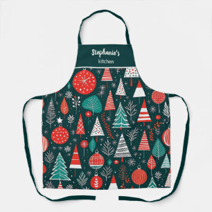 Red And Navy Mid Century Modern Christmas Pattern Apron