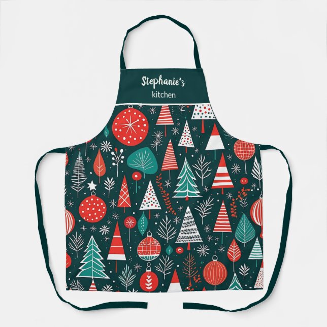 Red And Navy Mid Century Modern Christmas Pattern Apron (Front)