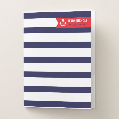 Red and Navy Nautical Stripe Pocket Folder