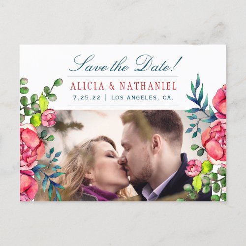 Red and Navy Peony Roses Save Date Wedding PHOTO Announcement Postcard