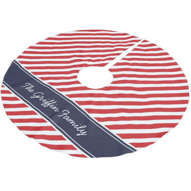 Red and Navy Preppy Stripes Monogram Brushed Polyester Tree Skirt (Angled)
