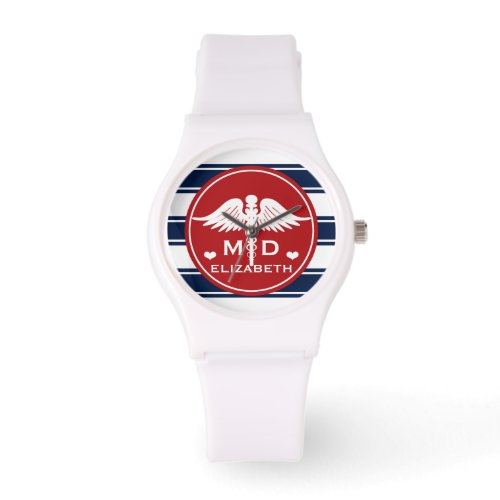 Red and Navy Stripe Caduceus MD Doctor Watch