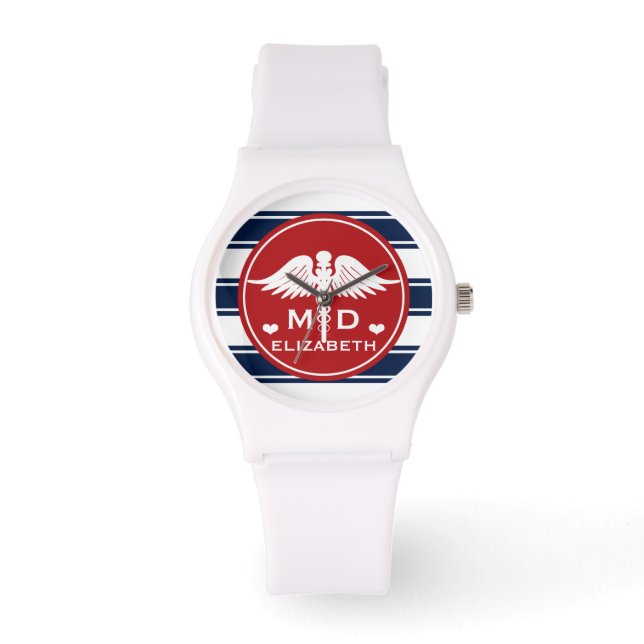 Red and Navy Stripe Caduceus MD Doctor Watch (Front)