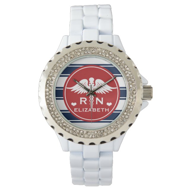 Red and Navy Stripe Caduceus RN Nurse Watch (Front)