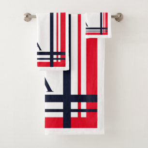 Red and Navy Stripe Personalized Design Bath Towel Set