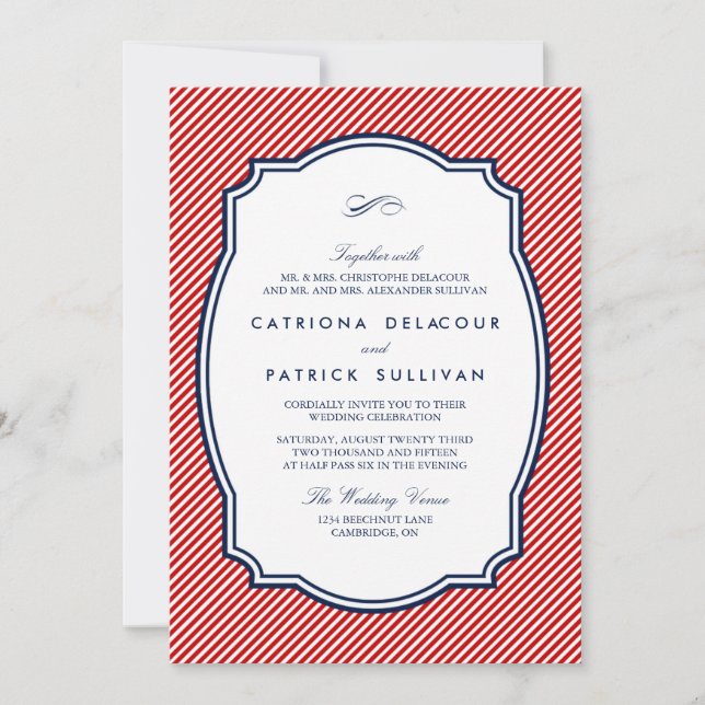 Red and Navy Striped Nautical Wedding Invitation (Front)