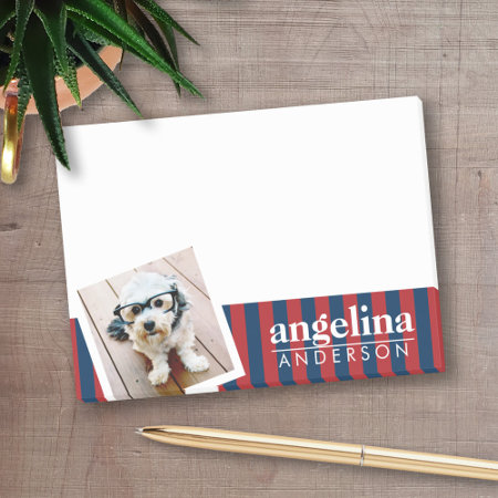 Red And Navy Striped Pattern Custom Name And Photo Post-it Notes